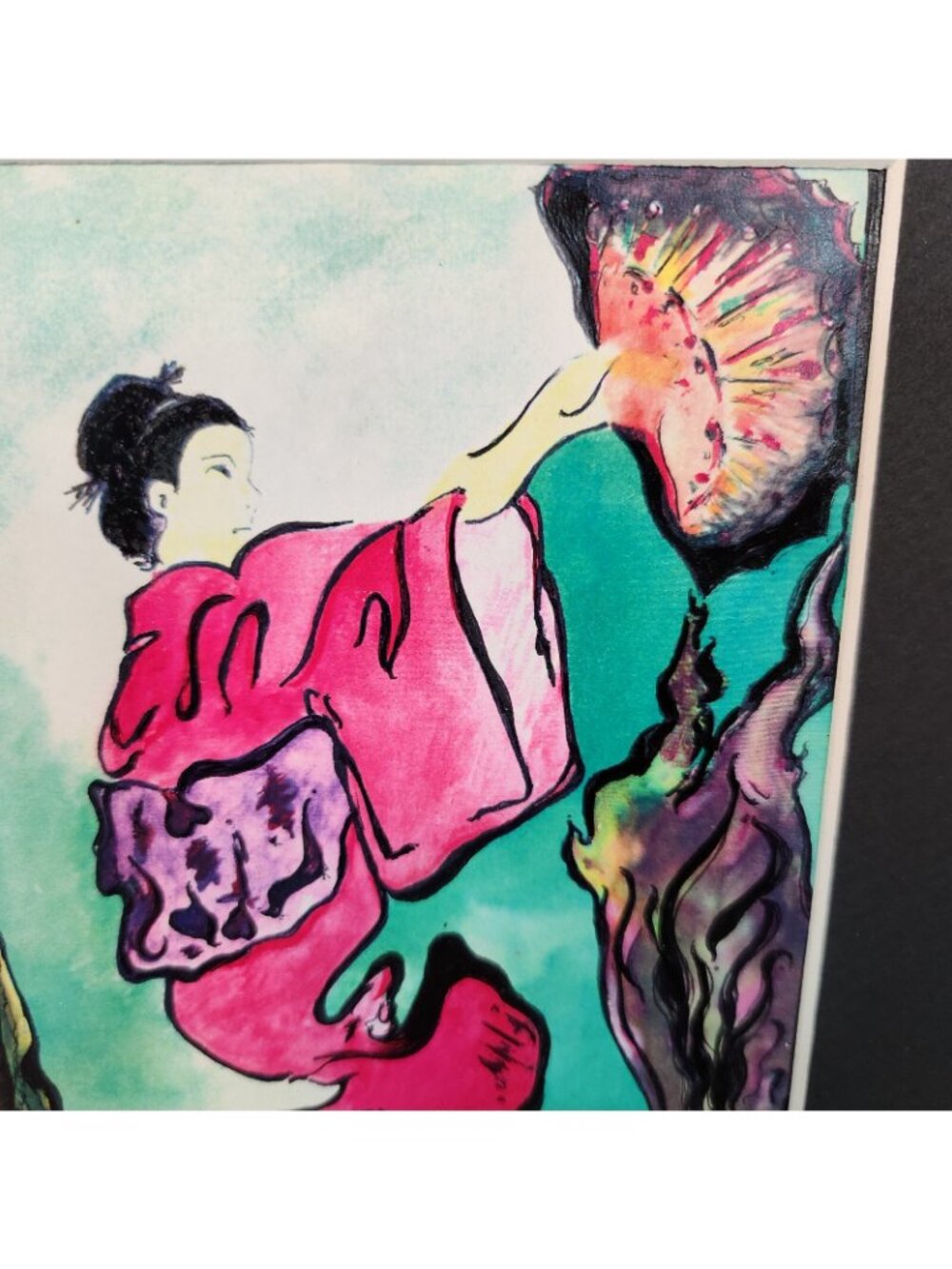 Vintage 1995 Color Ink Artwork Geshia w Komono & Fan Art 5" x 7" Matted 10"x8" - Picture 4 of 5